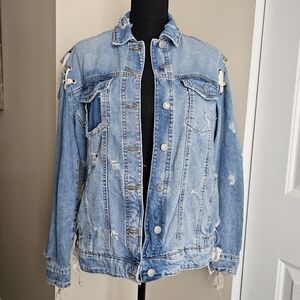 ZARA Trafaluc Highly Distressed Lace Up Denim Jacket Size Small